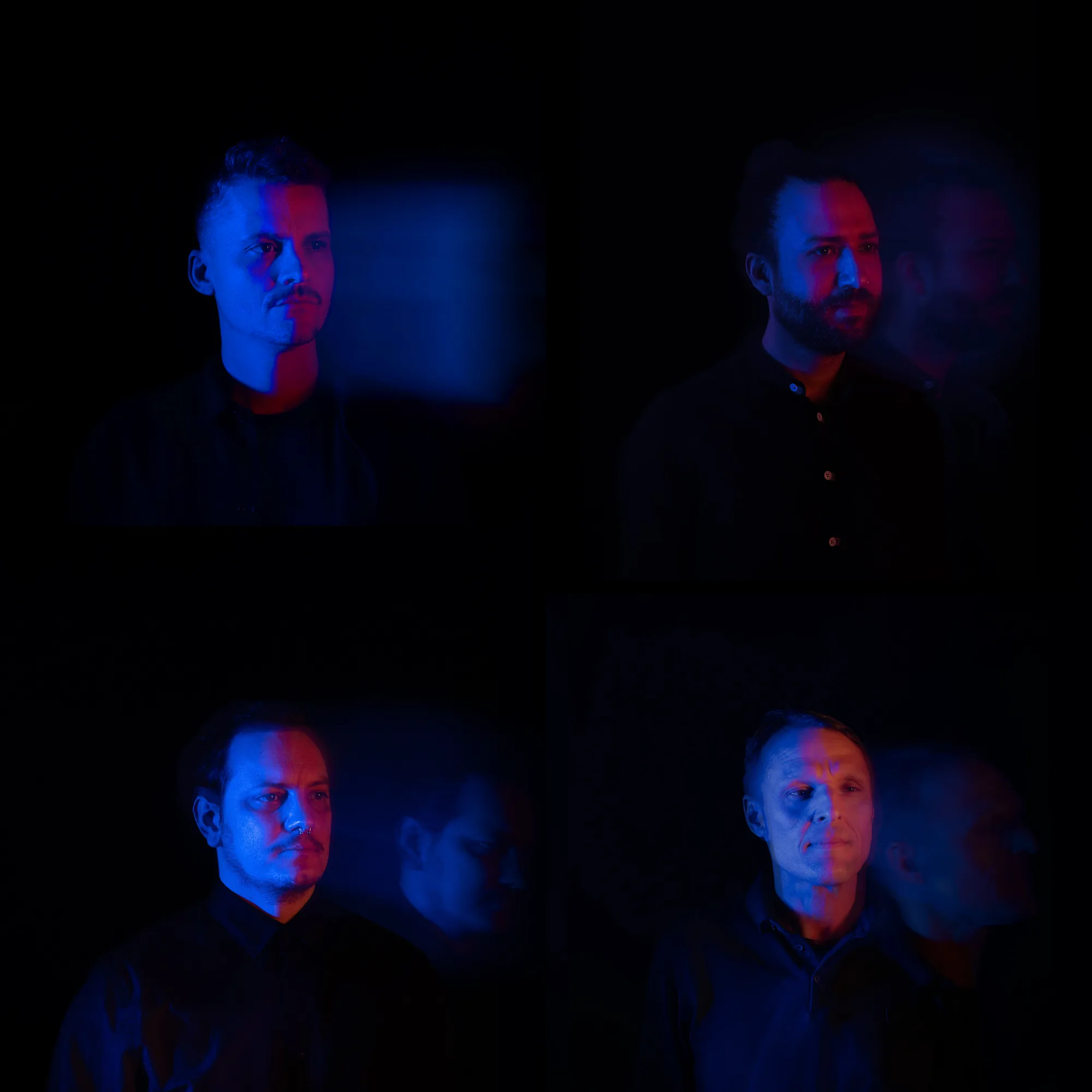 Driven By Clockwork promo photo: portraits of the four band members in blue and red light